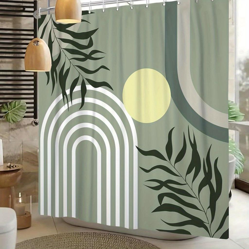 1Pc Mid-Century Modern Bohemian Style Green Leaves And Abstract Geometric Shower Curtain, Polyester Fabric Suitable For Bathroom