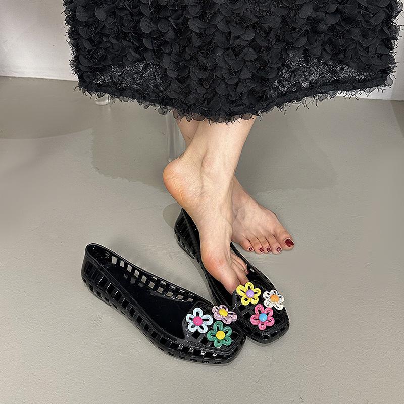 Fashion Transparent Crystal Jelly Sandals Hollow Out Slippers Korean Style Flat Shoes Women's Square Toe Shallow Slip on Ballet Loafers