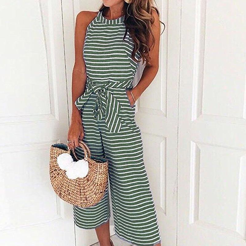 Summer Striped Womens Wide Leg Holiday Jumpsuits Playsuits Culotte Elegant