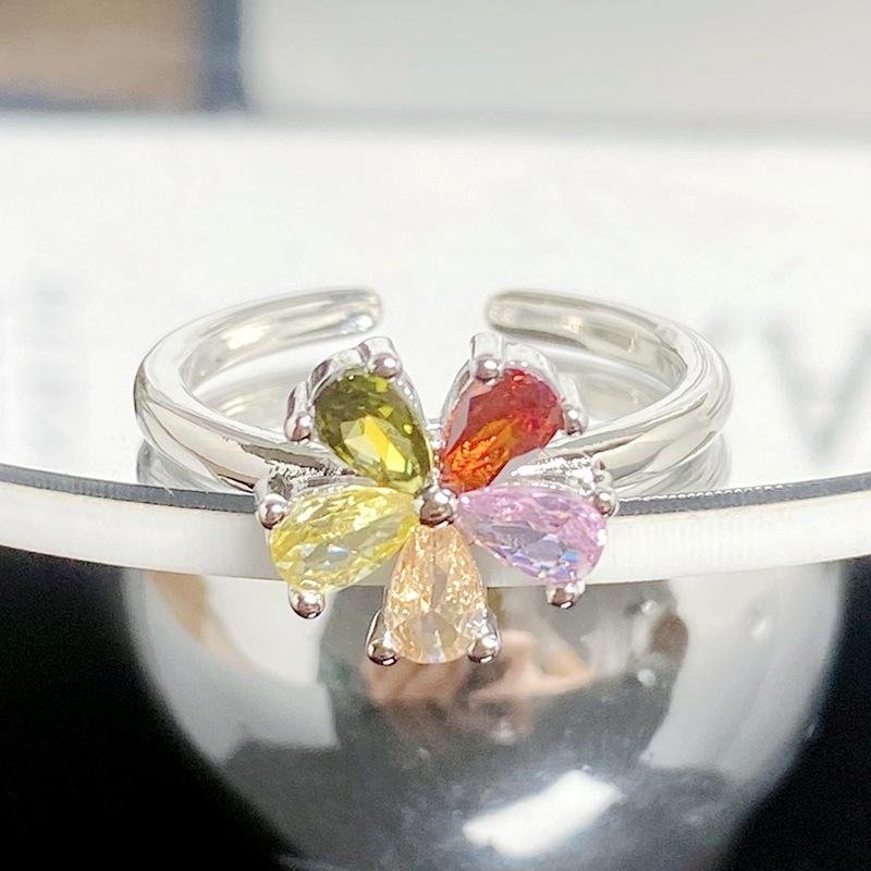 [Rainbow Ring] Colored Zircon Personalized Flower Row Diamond Ring Exquisite High-End Sense Stacking Wearing Colored Treasure Ring Woman