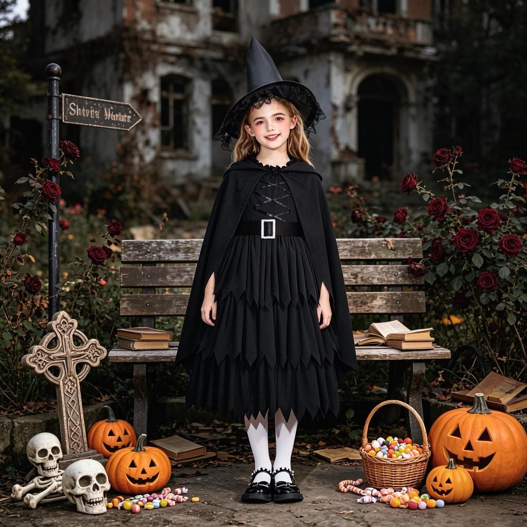 Girls Gothic Witch Dress with Cape Shawl, Kids Halloween Carnival Dark Performance Outfit