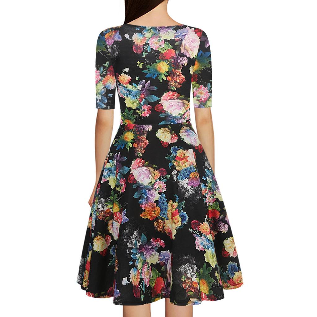 Damenkleid mit halblangen Ärmeln, V-Ausschnitt, plissiertem Bund, breitem Saum und schmaler Passform