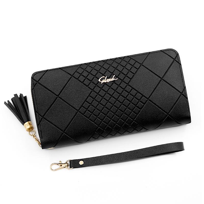 Korean-Style Women's Long Wallet with Hand Strap and Tassel Zipper Clutch
