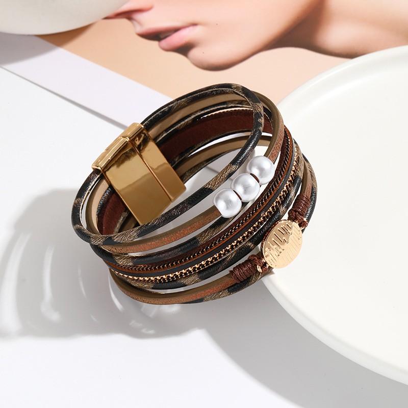 Layered Leopard Print PU Leather Bracelet Set With Imitation Pearl Magnetic Clasp Women Street Style Fashion Jewelry