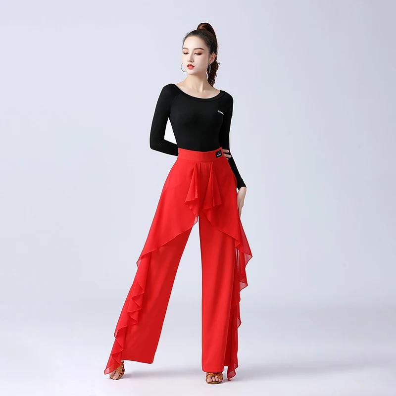 Latin Dance Pants Modern Dance Women High Waist Ruffle Wide Pants Ballroom Tango Samba Trousers Performance Practice Costume