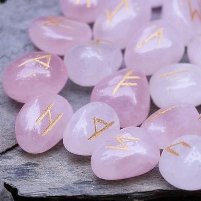 Crocon Rose Quartz Gemstone Rune Stone with Elder Futhark Alphabet Engraved Symbol 25 Pcs Set for Feng Shui Reiki Crystal Healing Chakra Balancing