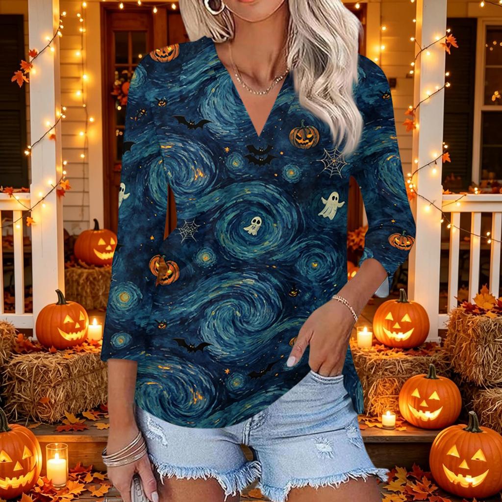 Women's Casual Halloween Themed Print V-Neck Three-Quarter Sleeve Top