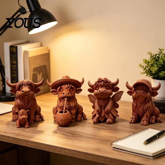 3D Printed Cow Sculpture Rustic Highland Ornament, Terracotta Color Statue, Modern Home Accessory Cute Figurine for Desk Shelf Farmhouse