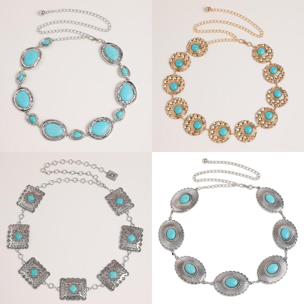 Bohemian Style Artificial Turquoise Metal Waist Chain With Vintage Finish For Women