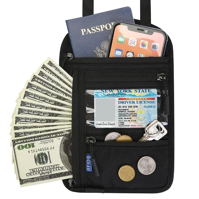 Porta-passaporte com proteção RFID Bolsa de pescoço para viagem Carteira antifurto Porta-dinheiro escondido Porta-cartões de documento Impermeável Organizador grande