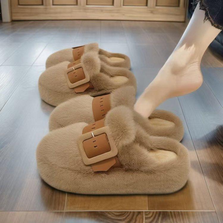 2025 autumn and winter fluffy slippers women's new high-value ins belt buckle niche design cotton slippers trendy outside