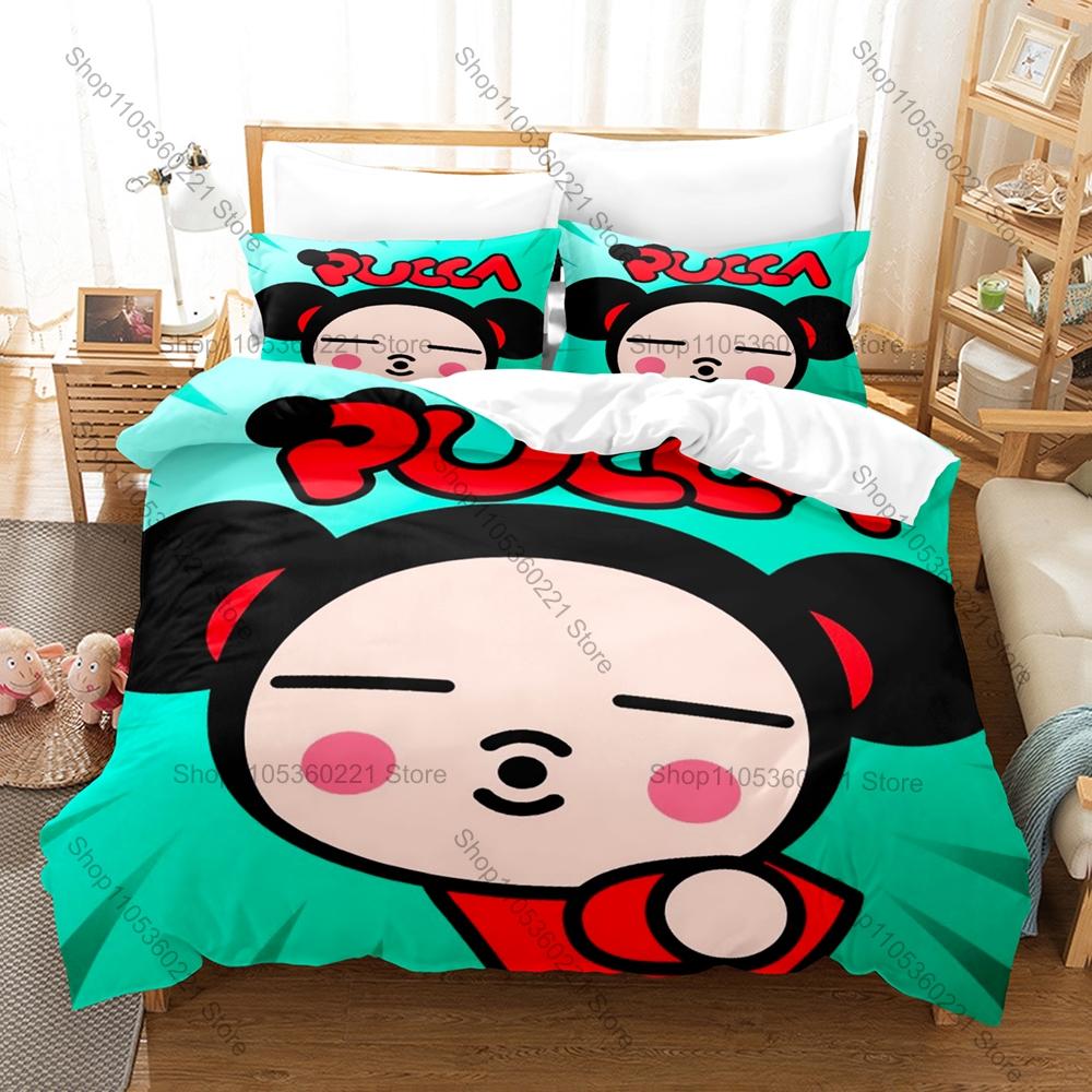 Kawaii Pucca Character Print Duvet Cover + 2 Pillowcases, Cozy Microfiber Bedding Set Perfect as Surprise Gift Anime Enthusiasts