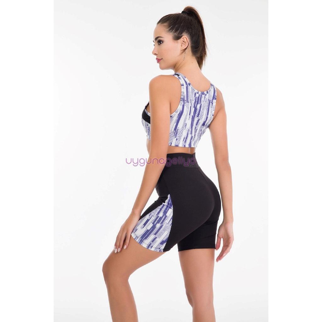 Ensemble de sport bustier et collants courts pour femme Lady 4005 de couleur noire et bleue