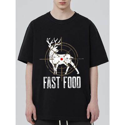 Svart T-skjorte Fast Food Hjort Måltrykk Avslappet Streetwear Unisex Mote Topp Sommerantrekk Menn Kvinner Grafisk T-skjorte