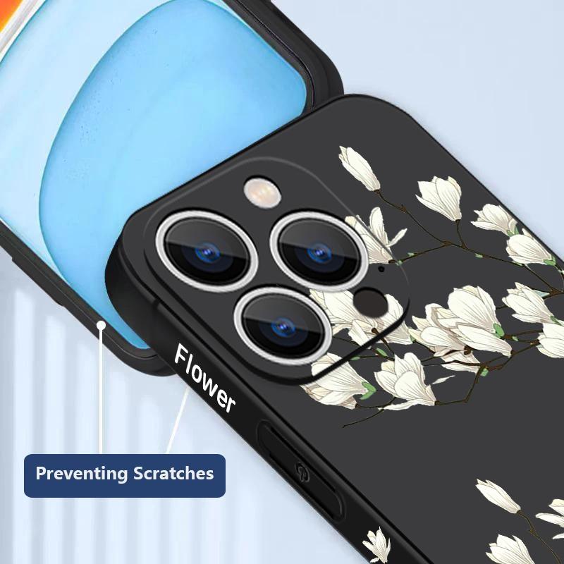 Shockproof Flower Print Phone Case For iPhone 16 Pro Max 15 Plus 14 13 Pro 12 Mini 11 Silicone Lanyard TPU Hard Slim Shell