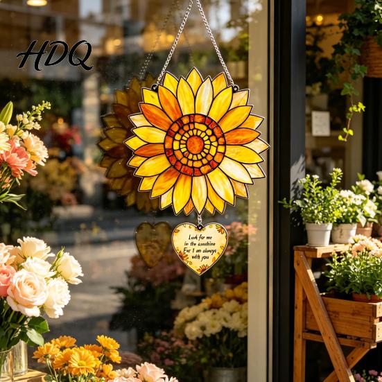 Sunflower Suncatcher for Window Stained Glass Style Pendant Floral Wall Hanging Art with Metal Chain Acrylic Ornament Home Garden Porch Decoration