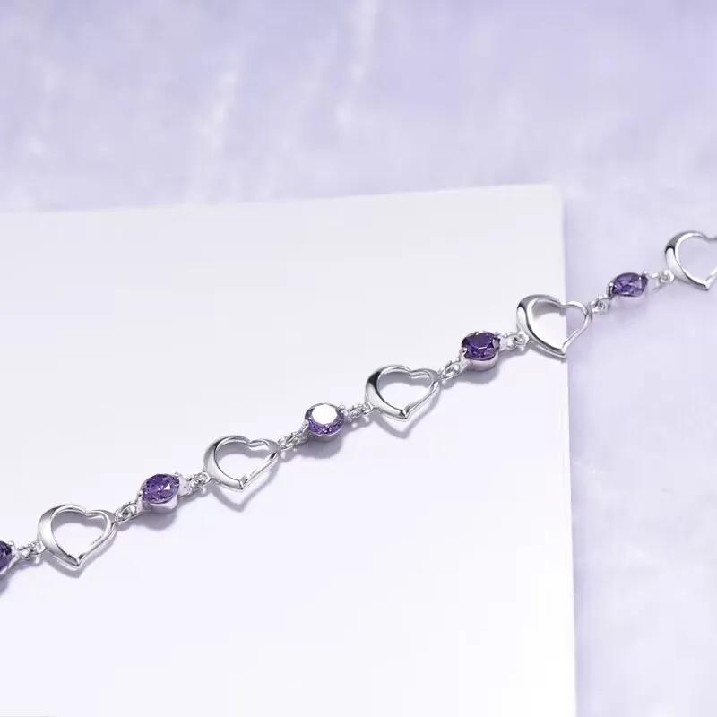 High-quality 925 Sterling Silver custom Heart Purple Crystal Zircon Bracelets For Woman Party wedding Engagement Costume Jewelry