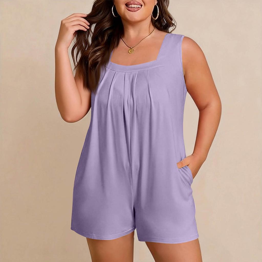 Women's Plus Size Casual Tank Top Sleeveless Pocket Jumpsuit Shorts Set