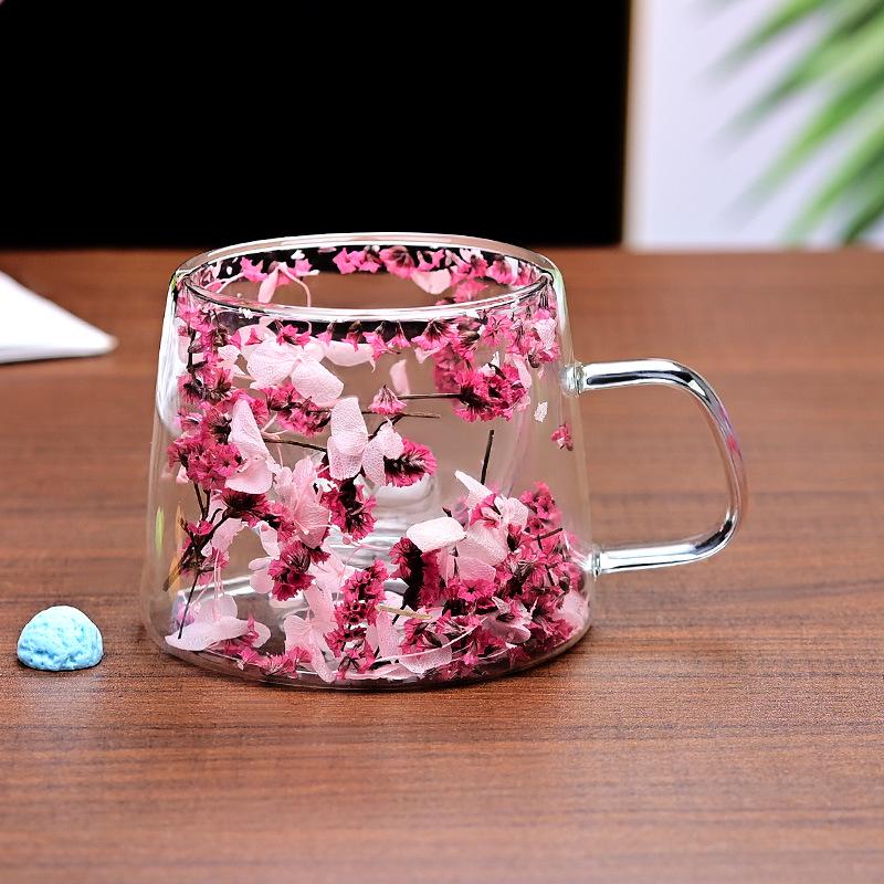 High Appearance Double Layer Petal Quicksand Glass Cup with Real Dried Flowers