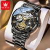 OLEVS 6670 Mens Watch Luxury Brand Skeleton Mechanical Watch Moon Phase Stainless Steel Watches For Man Gifts Box High Quality