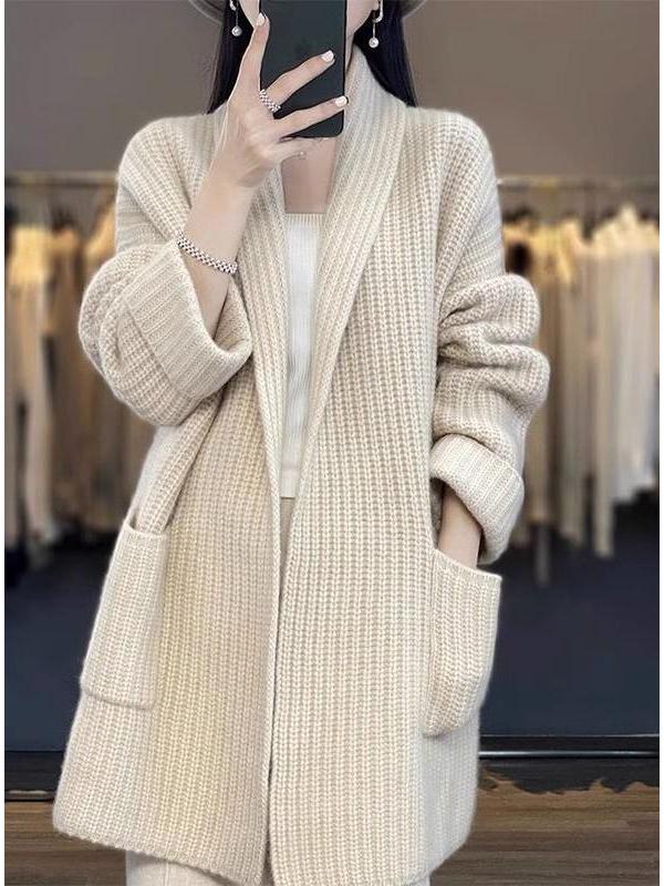 Korean Style Chunky Knit Plus Size Loose Cardigan - Autumn/Winter Women's Trendy Mid-Length Sweater Coat