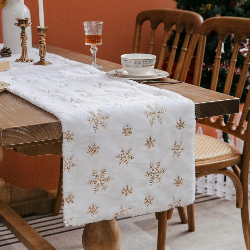 Faux Christmas Table Runners Gold Sequin Snowflake Table Runner Xmas Table Runner For Super Soft Thick Luxury Christmas Table Decoration