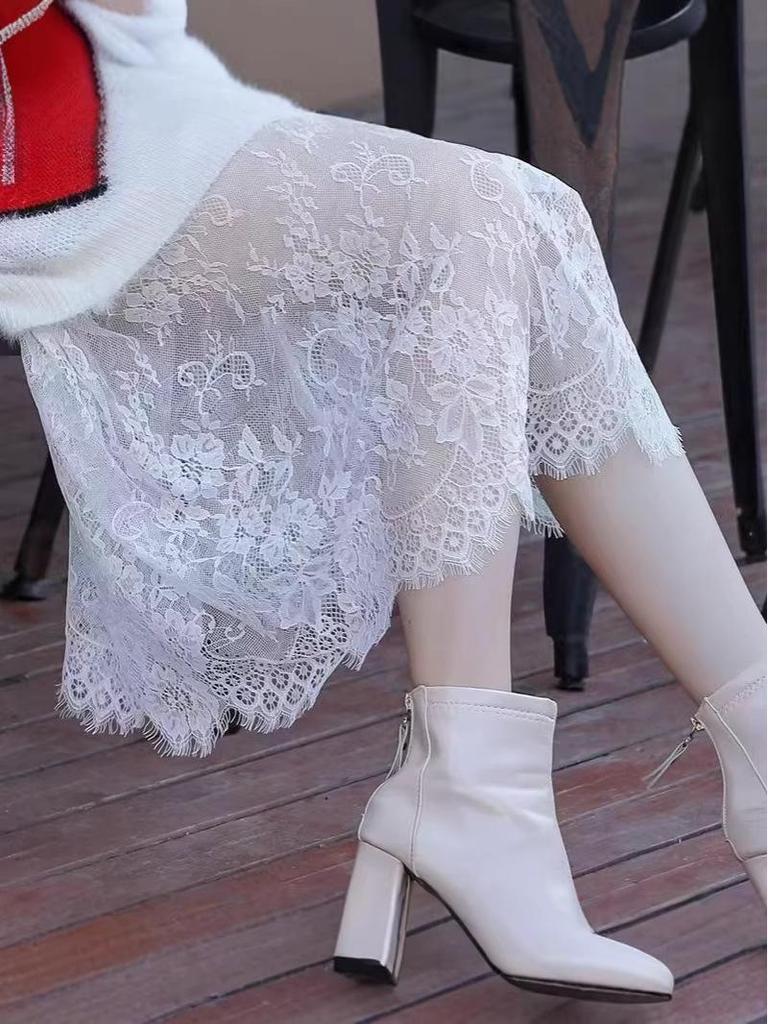 2025 Autumn/Winter French Retro Lace High-Waisted See-Through Slimming Loose Midi Skirt for Women