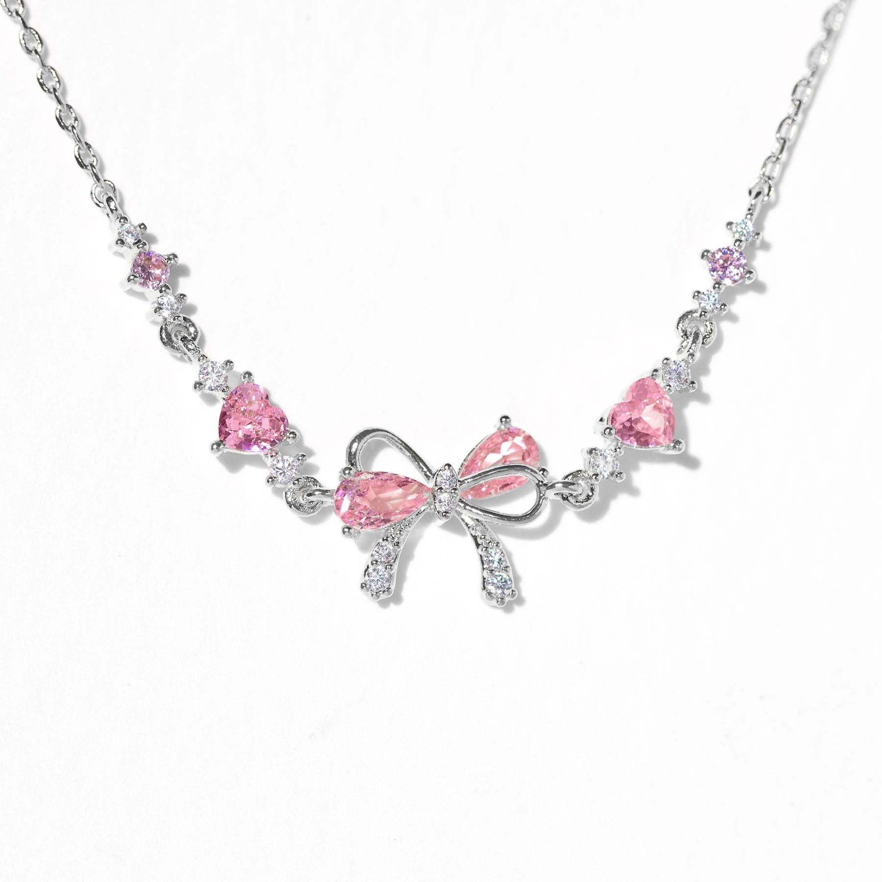 

Y2K Exquisite Sweet Pink Zircon Bowknot Stainless Steel Love Heart Chain Bracelet for Women Girls Party Birthday Jewelry Gifts