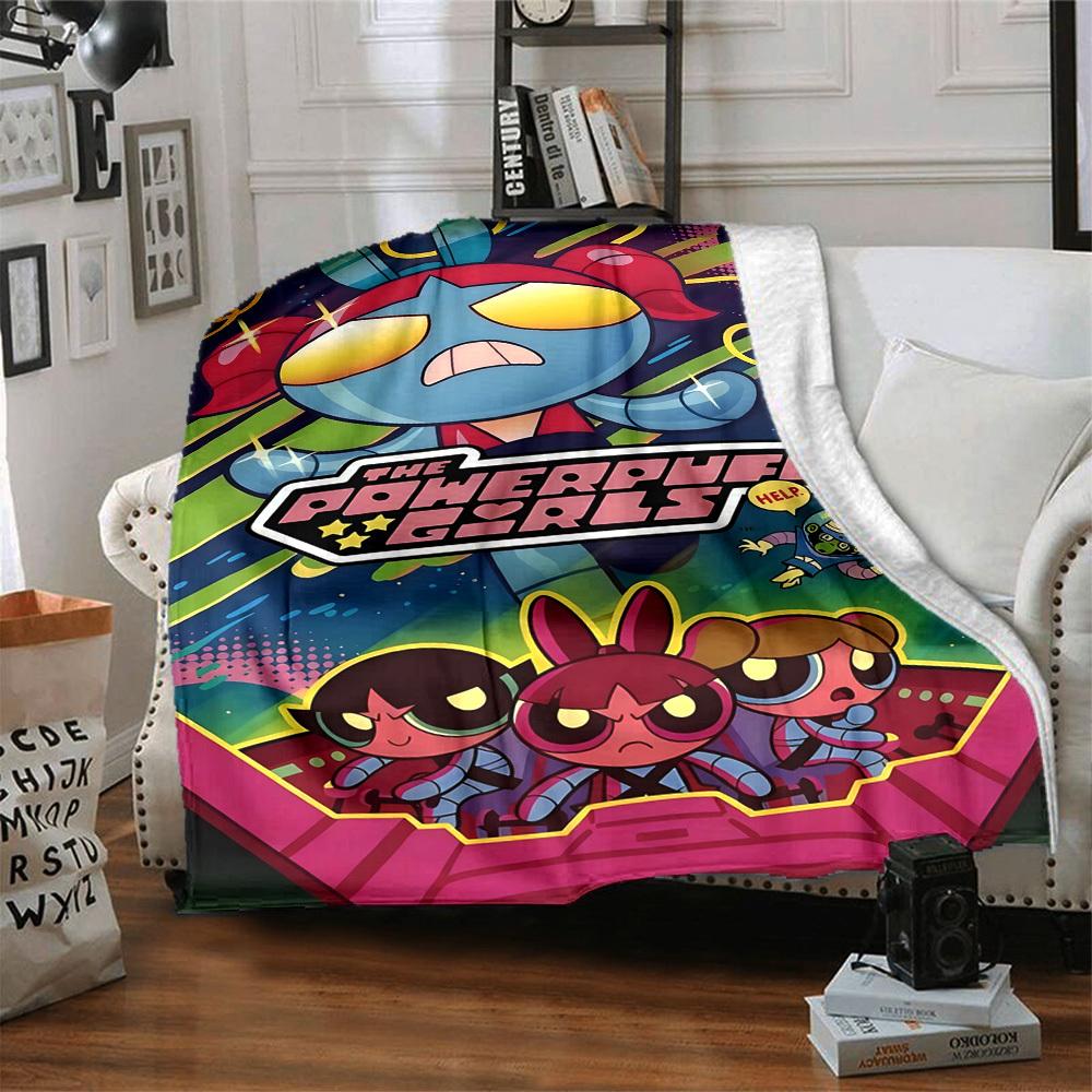 1pc Powerpuff Girls Cozy Print Blanket Lightweight Warm Flannel Throw Blanket For Sofa, Bed, Living Room