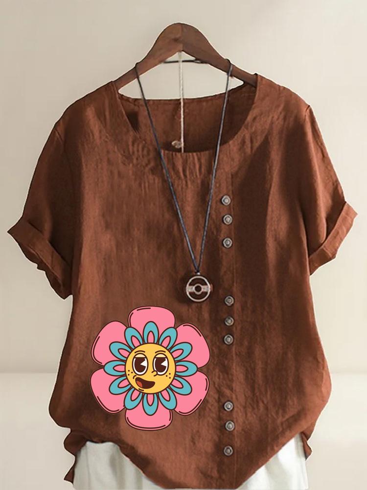 Women's Fashion Sunflower Print Shot Sleeve T-shirt Loose Cotton Shirt Casual Loose Summer Blouse Tops Plus Size