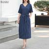 ZANZEA Women Casual V-Neck 3/4 Sleeve Summer Stripe Dress