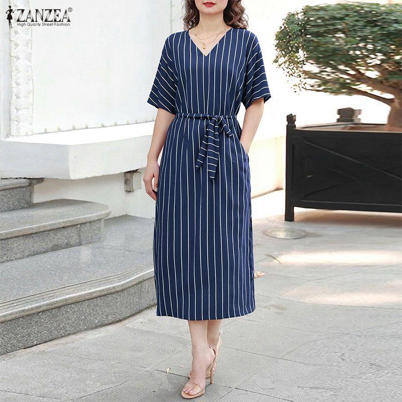 ZANZEA Women Casual V-Neck 3/4 Sleeve Summer Stripe Dress