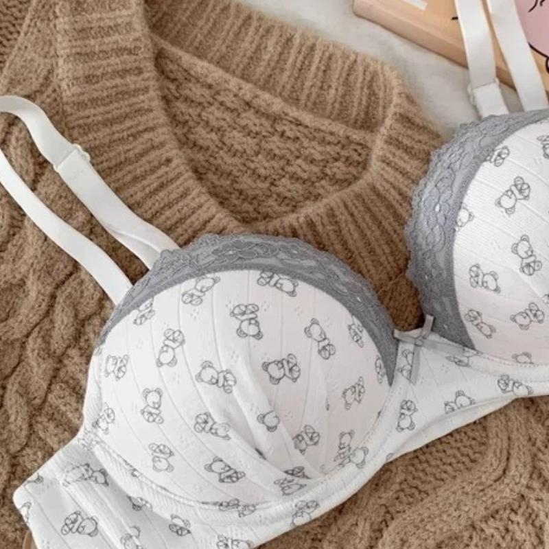 Light Blue Jacquard Lace Trim Underwire Bra with Bow Accent