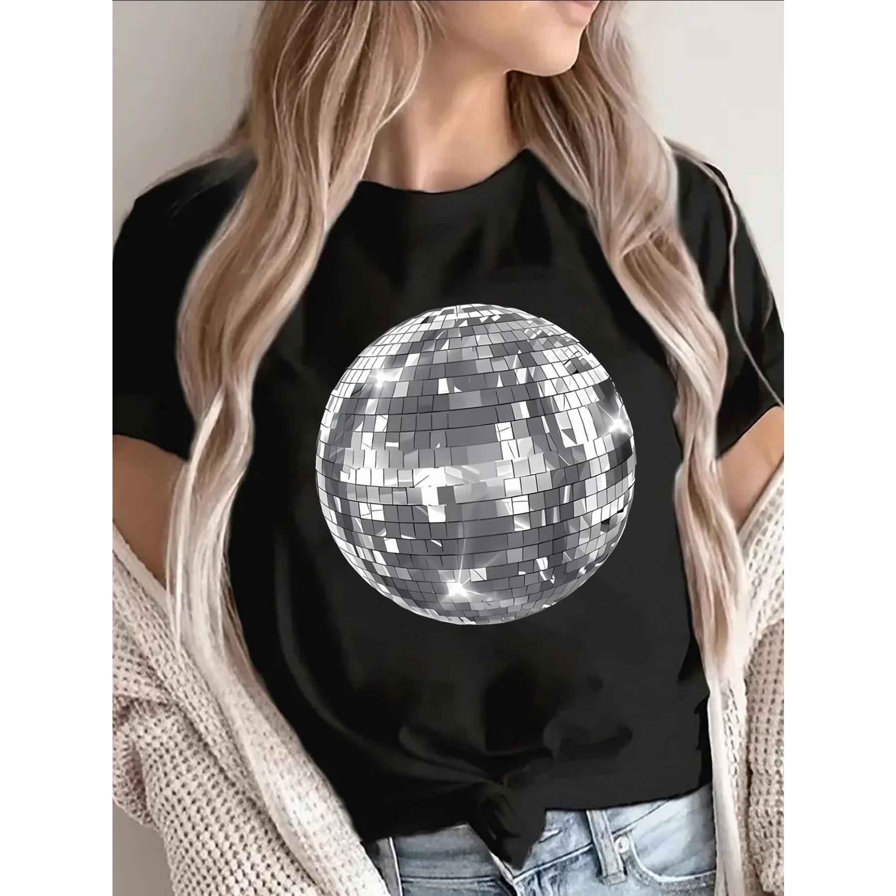 

Черная футболка с блестящим дизайном диско-шара, идеально подходит для вечеринок, клубов или повседневных прогулок, идеальна для ночной жизни и танцевальных мероприятий S