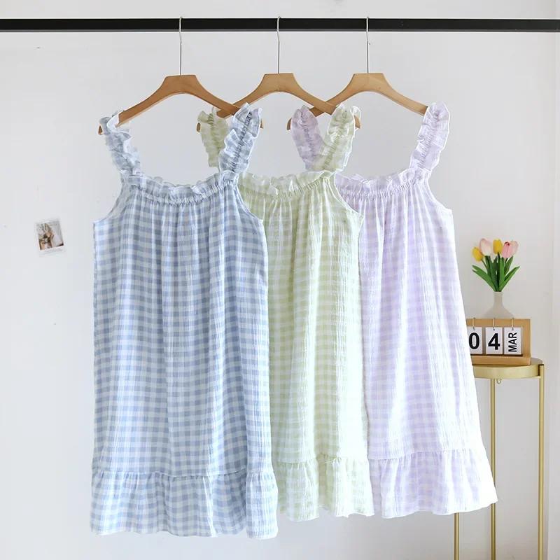 Ladies Summer Cotton Yarn Pure Cotton Thin Suspender Nightdress Loose Mid-length Sweet and Lovely Long Home Dress Sexy