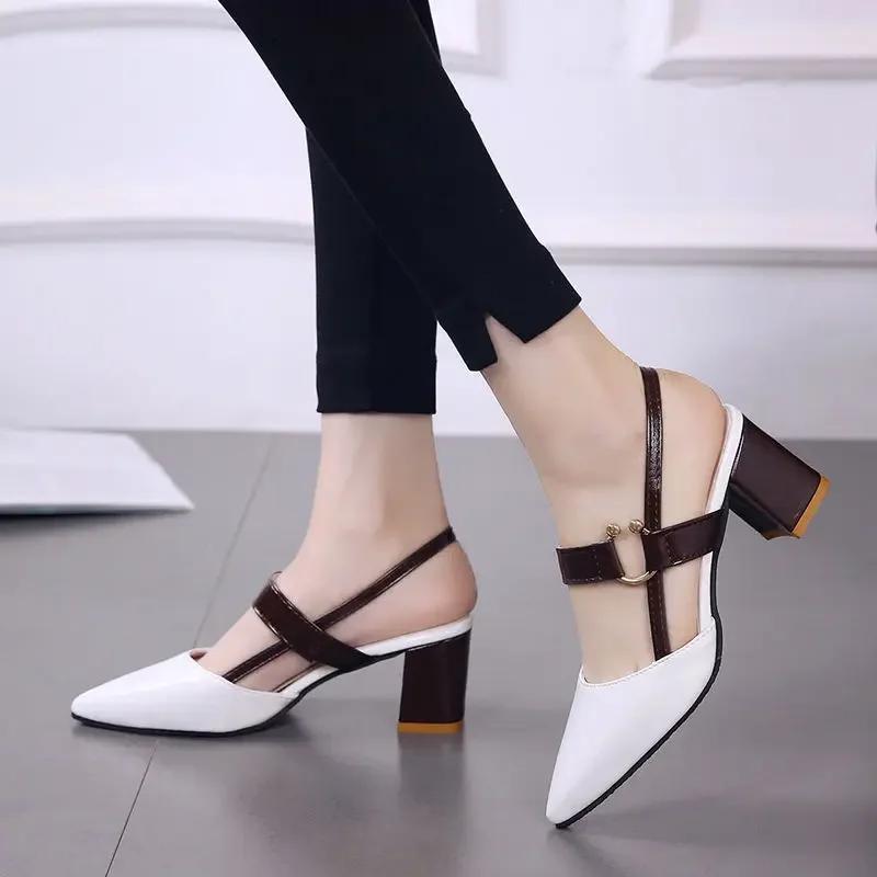 Fashion Women's Shoes Trend 2024 Shoe Genuine Leather Medium Heel Block Heels Mirror Luxury Designer Chunky Sandals Ladies Sexy Sandal