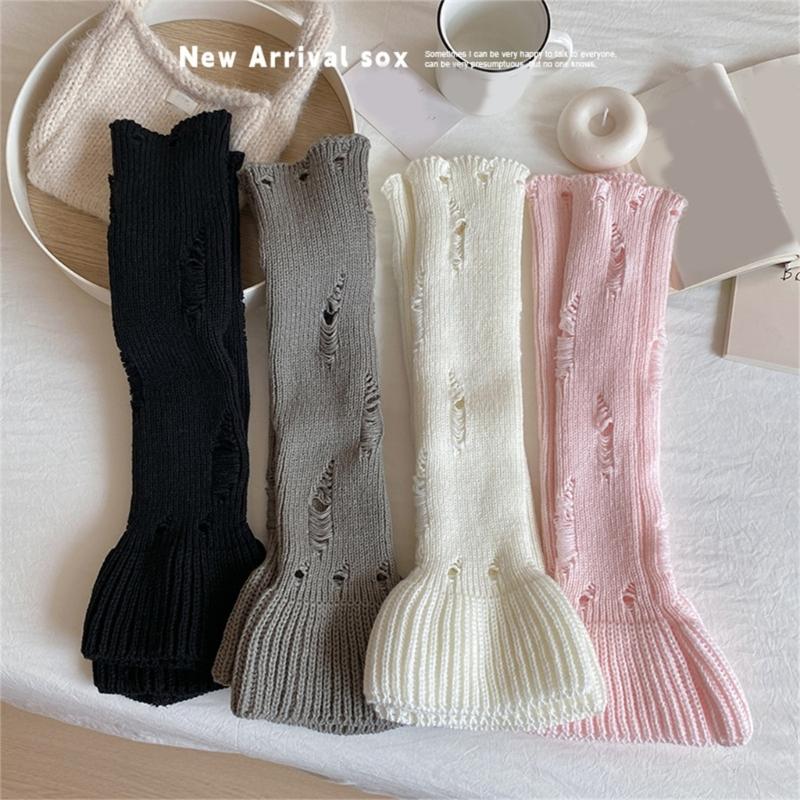 Polainas de Punto Acanalado Harajuku Huecas Desgastadas Agujeros Rasgados Cubre Piernas de Pierna Ancha Calcetines Largos Elásticos Acampanados para Mujer