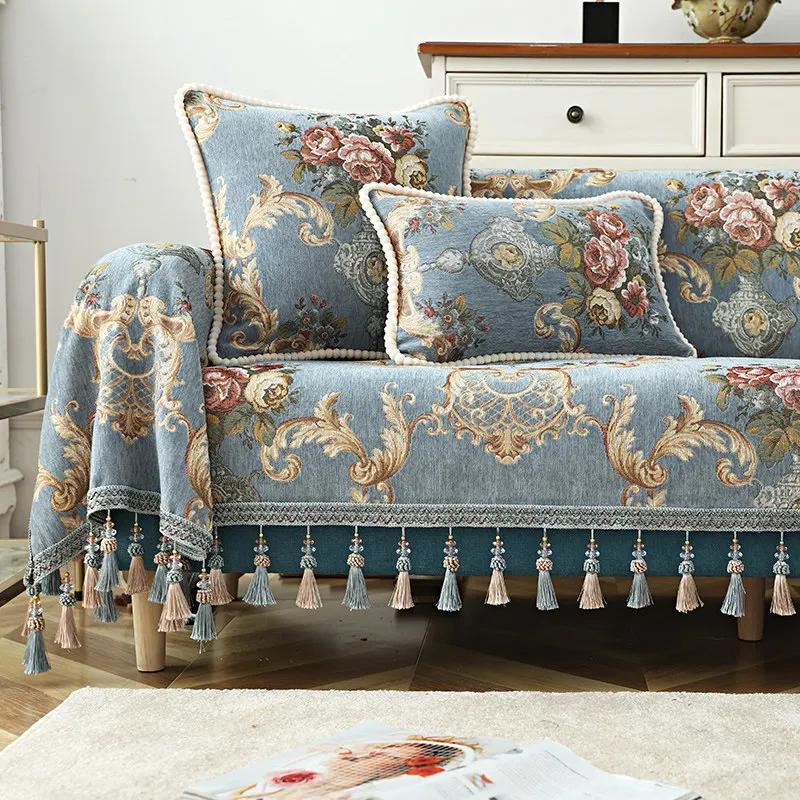 Europäisches Jacquard-Sofatuch mit Blumenmuster, dickes Chenille, vollständig bezogener Sofabezug mit Quaste, All-Inclusive-Schonbezug, 1, 2, 3, 4 Sitzer