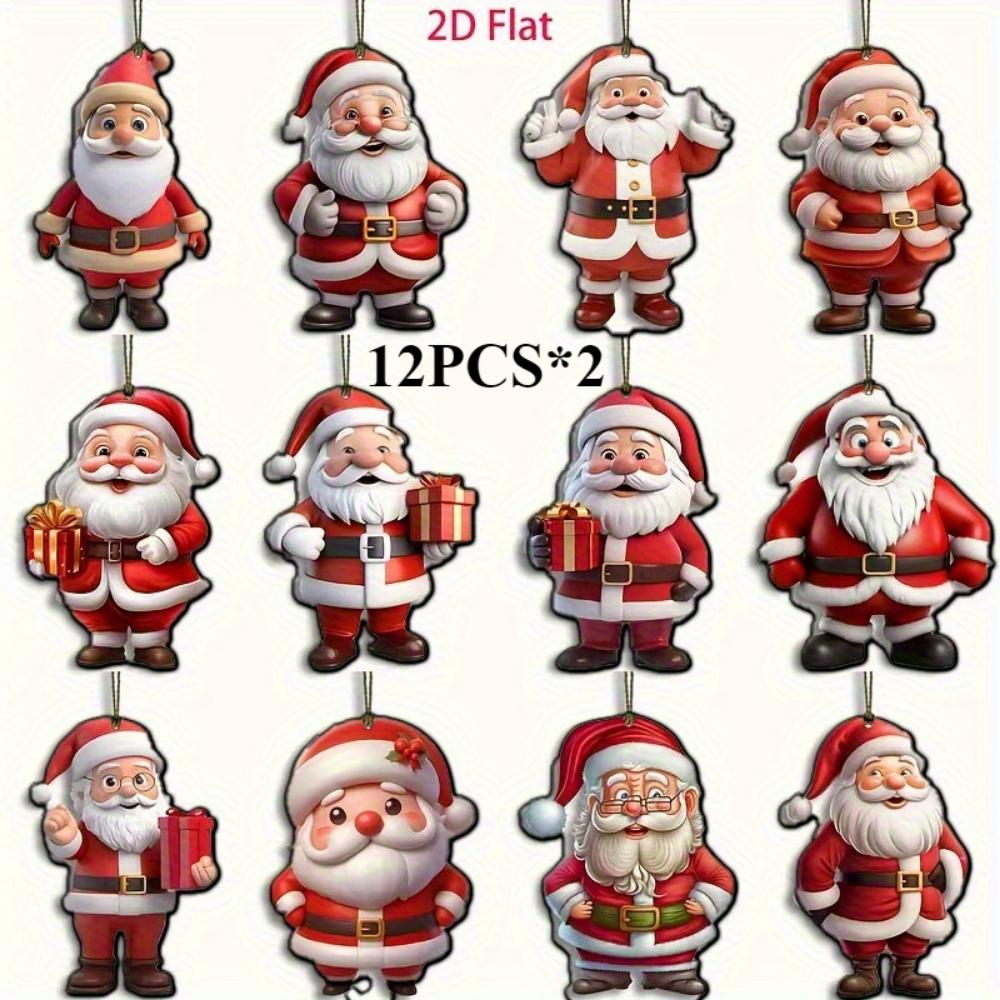 Decorative pendant, cute Santa Claus, 2D flat wood, 24PCS, suitable for Christmas, Halloween, doors and windows, patio pendants