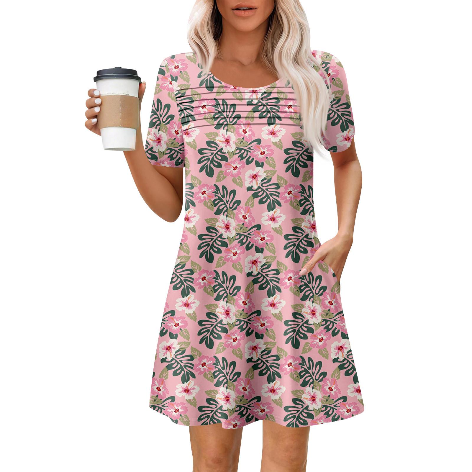 

Женские летние повседневные платья с круглым вырезом, плиссированные, с карманами, с принтом, с коротким рукавом XL розовый