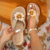 Fashion Flower Decor Flat Heel Bohemian Slippers Woman Straw Rope Weave Vacation Beach Flip Flops Woman Lightweight Non Slip Slides Shoe