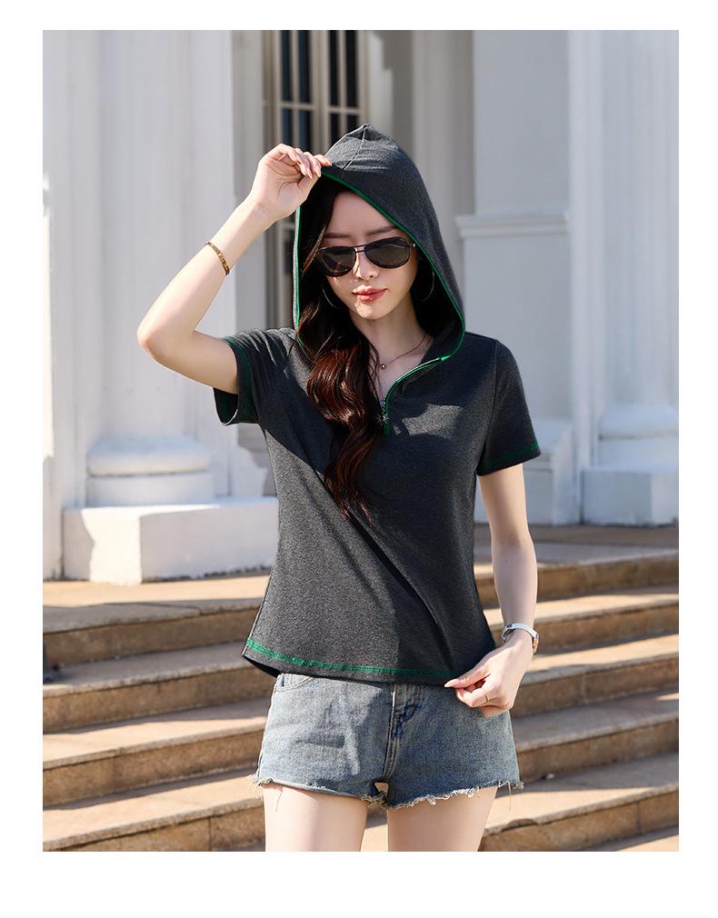 Women's Slim Fit Hooded Short Sleeve Zipper T-shirt - New Korean Style 2026, Solid Color Fashionable Top