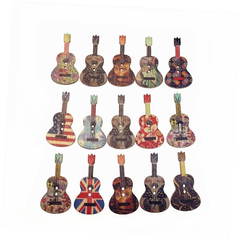 50 Stück Bedruckte Holz-Gitarrenknöpfe Gemischte Farben 2-Loch Musik-Thema Dekorative Holzknöpfe für DIY-Nähen