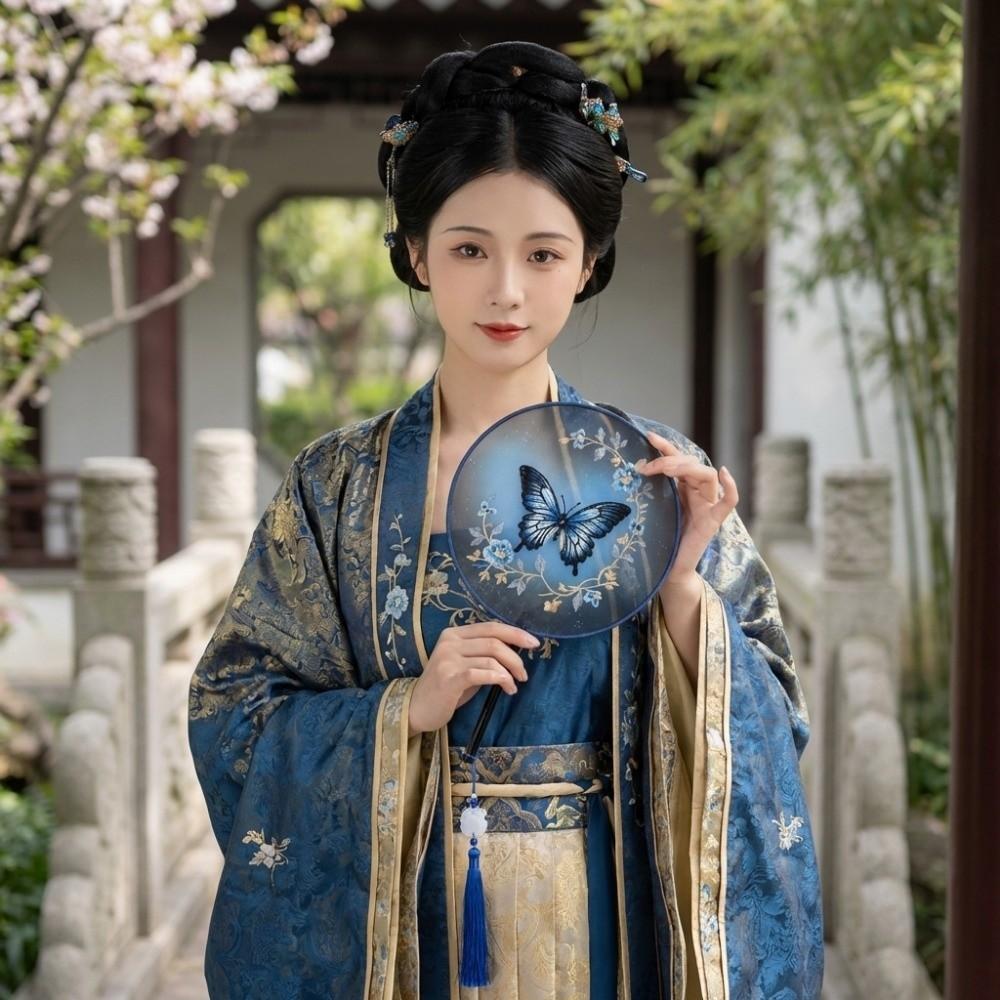 Long Handle Double Sided Embroidery Fan Semi-Transparent Vintage Hand Fan Ancient Costume
