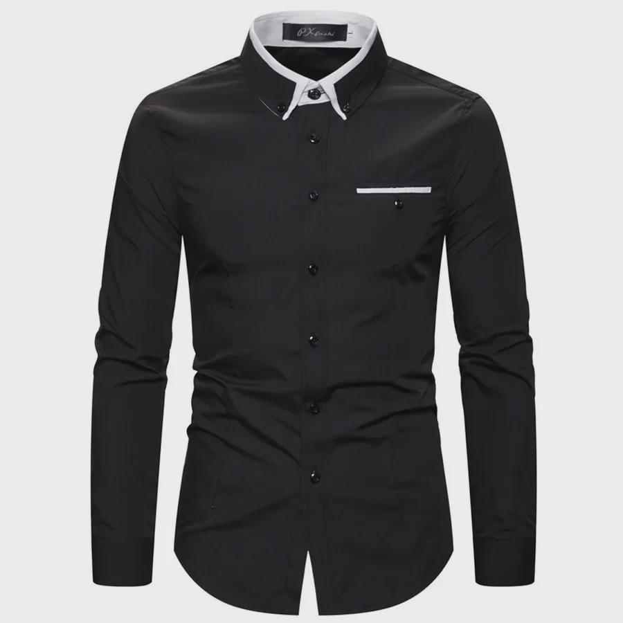Men's Autumn Fashion Double Collar Solid Color Slim Fit Long Sleeve Shirt