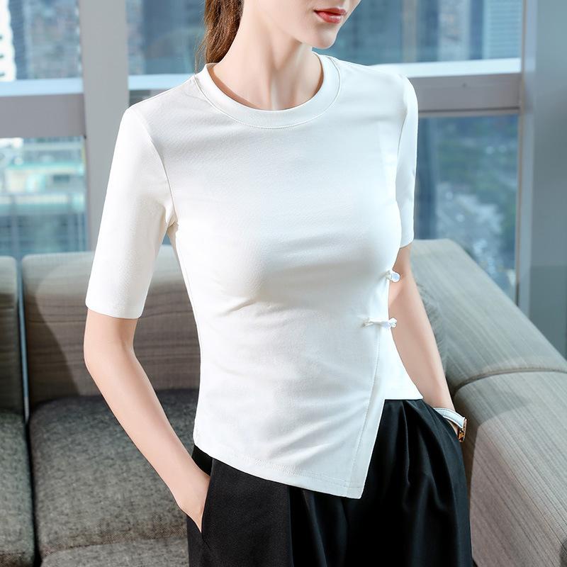 Middle Sleeve T-shirt Women's New Women's Solid Color Round Neck Half Sleeve T-shirt Irregular Hem Waist Button Top