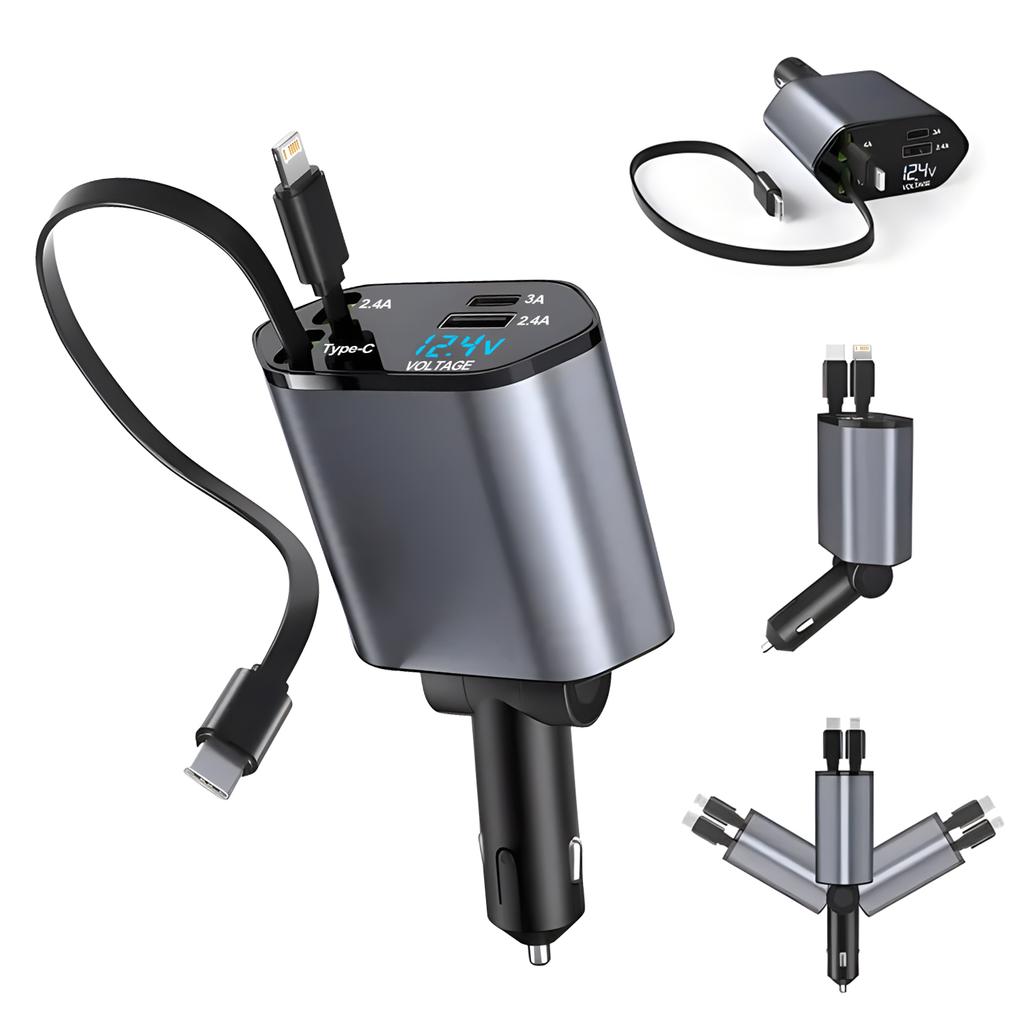 120W 4-in-1 USB-C Fast Car Charger, Retractable Cigarette Lighter Adapter for iPhone Samsung Huawei Xiaomi – Quick Charge