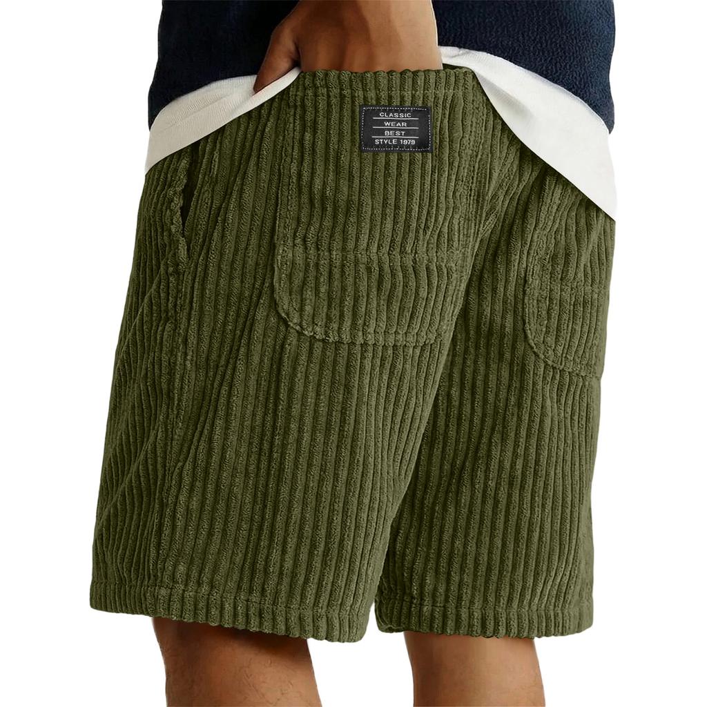 Men Corduroy Shorts Elastic Waist Drawstring Embroidered Casual Relaxed Fit Classic Style 1979 Design