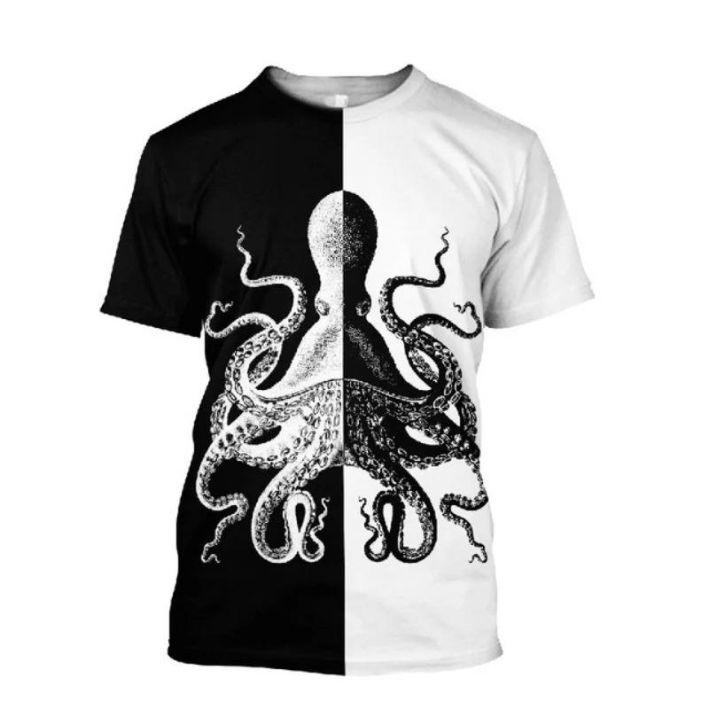 Retro Ocean Animal Pattern T-Shirt For Men Tentacle Organism 3D Printed T Shirts Loose Short Sleeve Tees Round Neck Street Tops