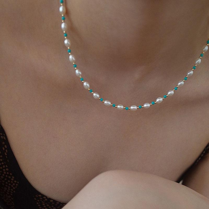 Rice Grain Freshwater Pearl Interval Turquoise Necklace Temperament Cold Wind Beaded Collarbone Chain New Chinese Bracelet